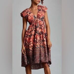 NWT By Anthropologie Printed V-Neck Babydoll Dress Size 4P Red Motif